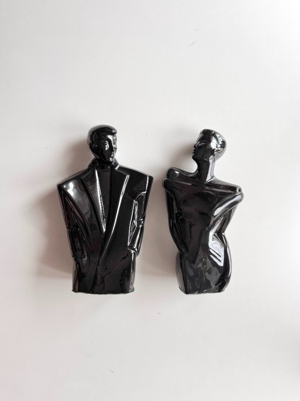 Vintage 80's FORMOSA CO Black Glazed Man & Woman Art Deco Modern Ceramic Statues